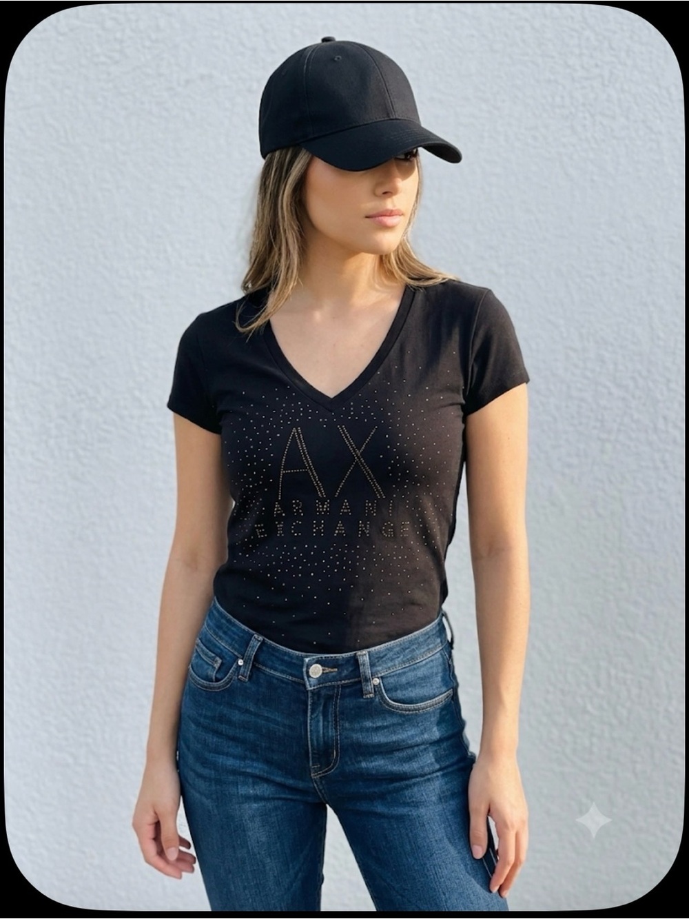 Armani Exchange Black V-Neck Studded Logo Tee